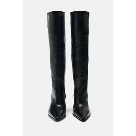 ZARA Leather Knee High Pull-On Boots Black Block Heel Made in Spain 6.5 - Picture 2 of 11
